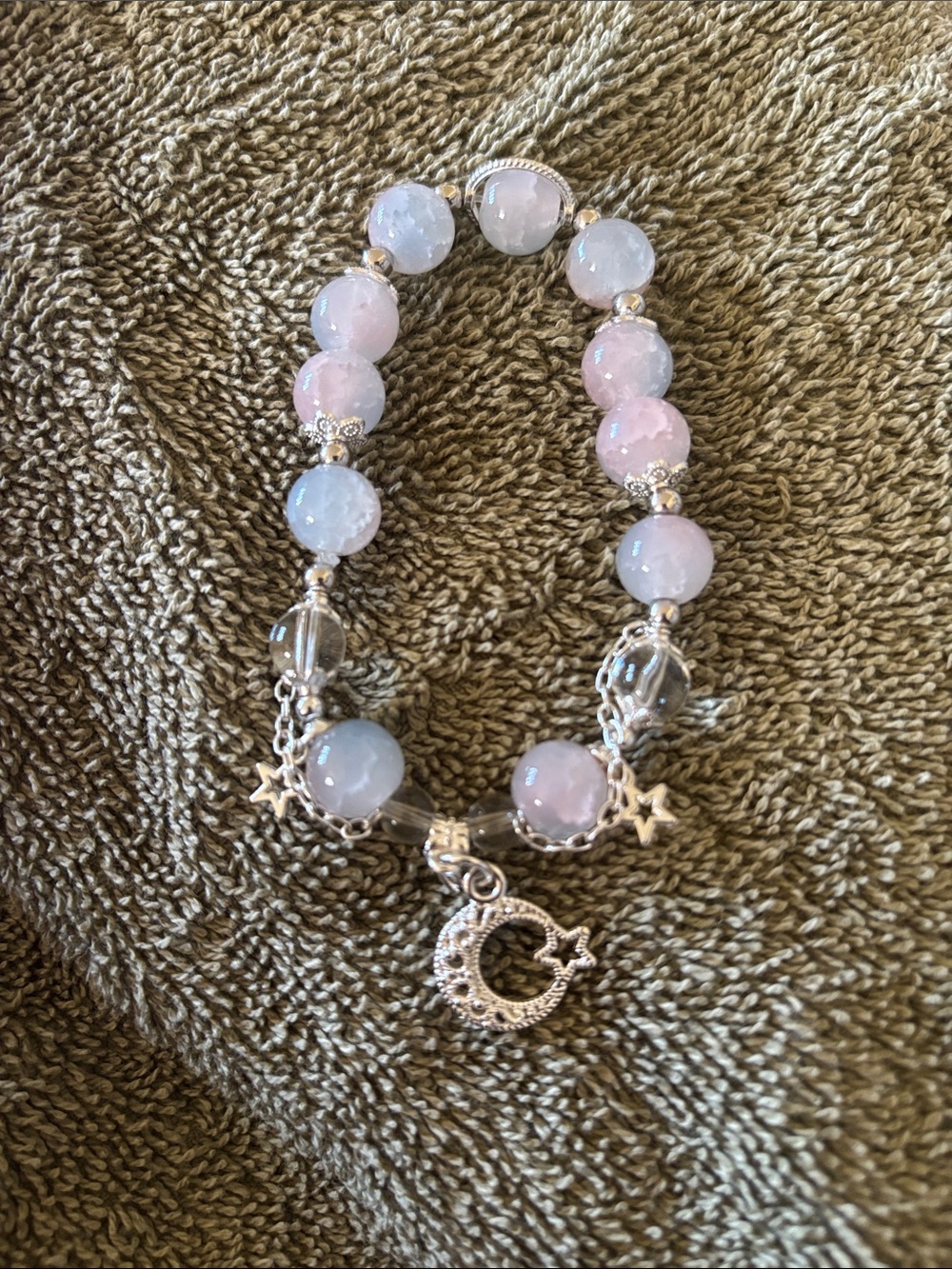 Pink Opal Beaded Bracelet with Silver Moon & Star Charm